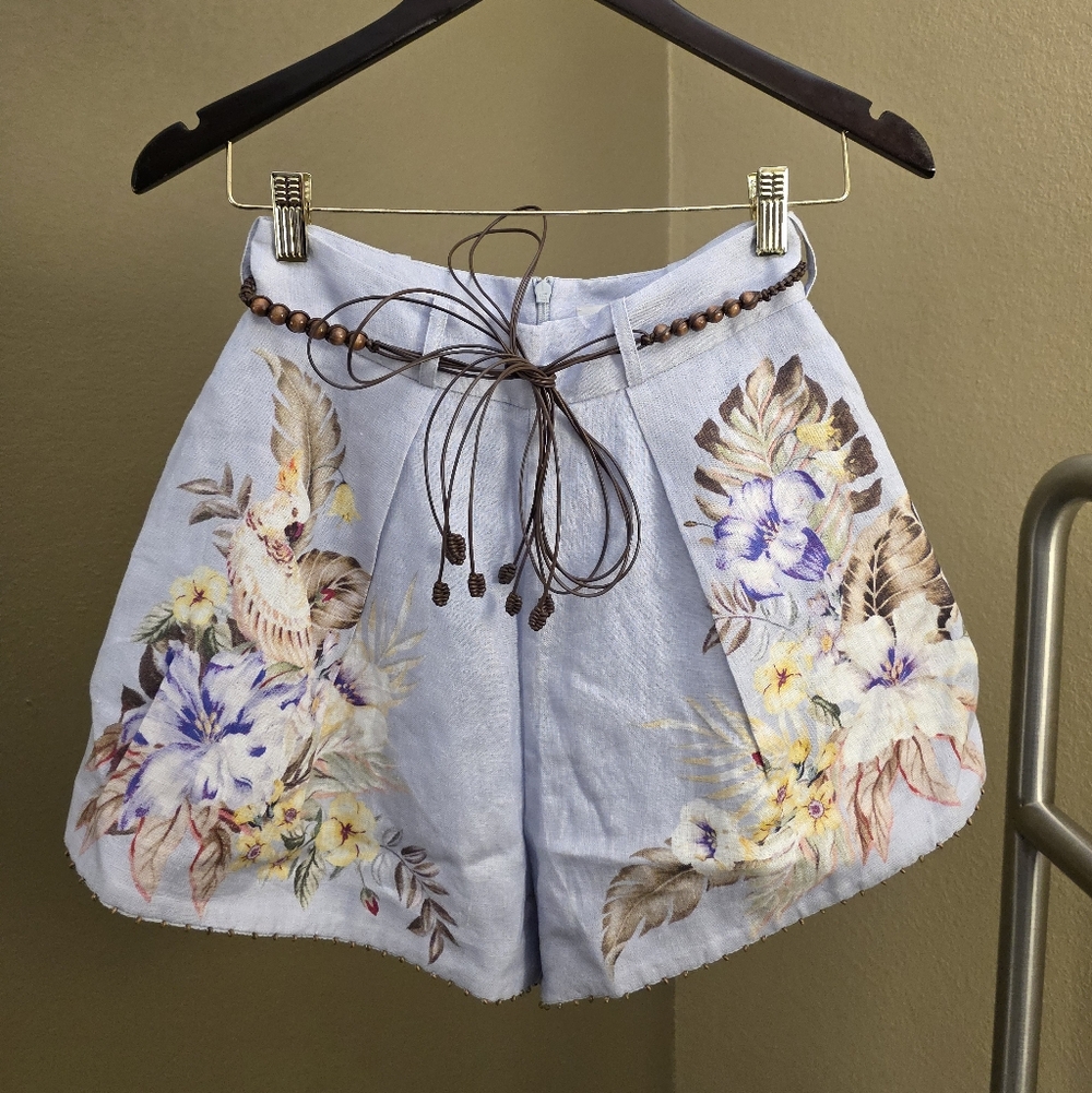 Zimmermann Pale Blue Hand-Painted Floral High-Waist Shorts